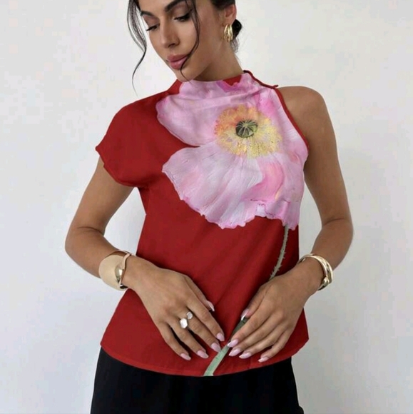 One Shoulder Printed Elegant Holiday Blouse - Picture 6 of 6